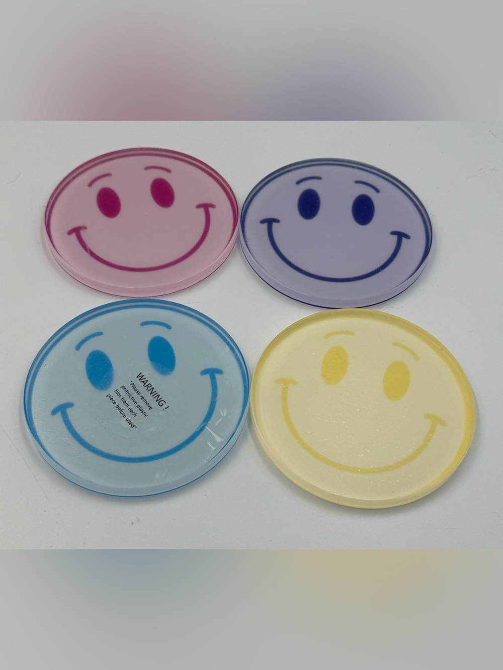 Set of 4 Pastel Smiley Face Acrylic Coasters Blue Pink Yellow & Purple